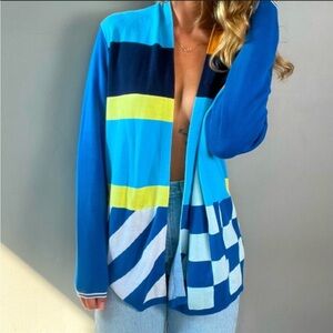 Lands' End Bright Blue & Yellow Patterned Colorblock Cardigan XS